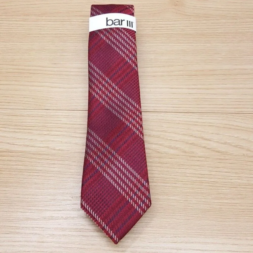 BAR III Mens Neck Tie Red Maroon Plaid Slim Lyocell Blend Necktie